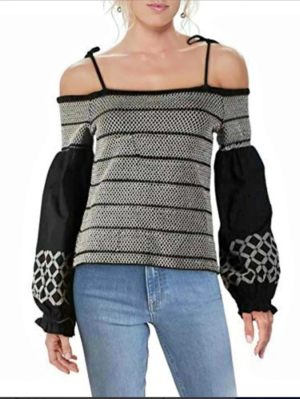 INC Off-The-Shoulder Embroidered Blouse in Black & Cream L